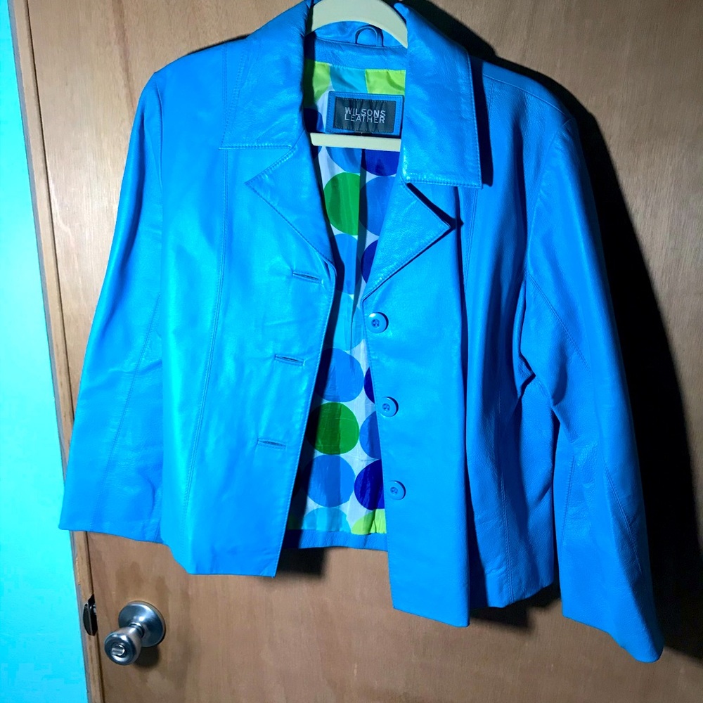 Light blue leather blazer.